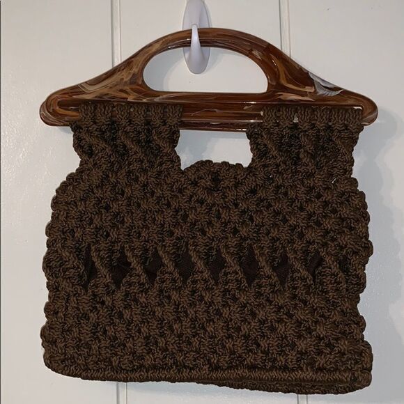 Vtg 70s brown macrame purse with plastic handles - Picture 2 of 7